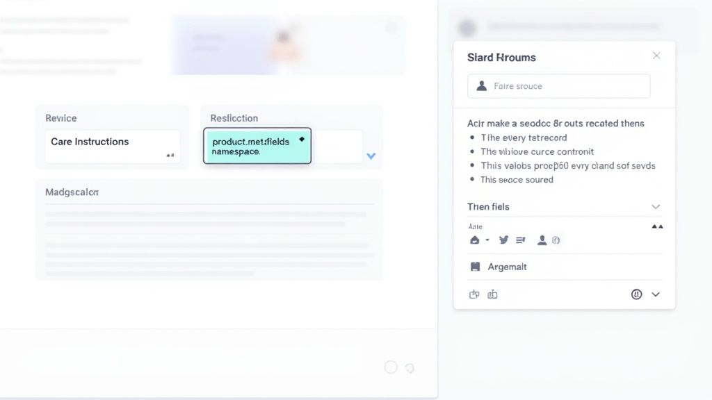 A software interface displaying product meta fields, care instructions, and a details sidebar.