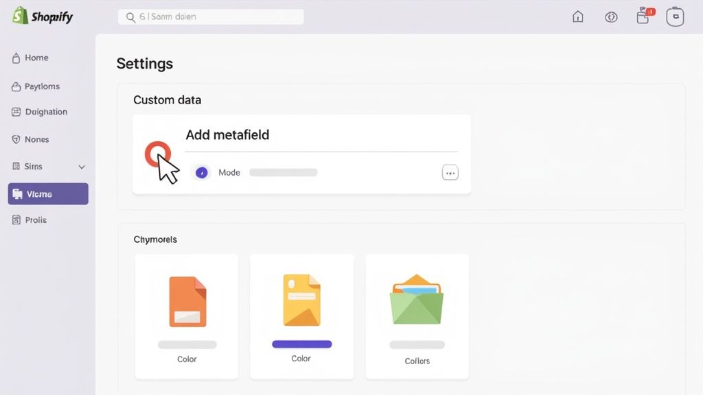 Shopify admin settings page showing a mouse cursor pointing to the 'Add metafield' button.