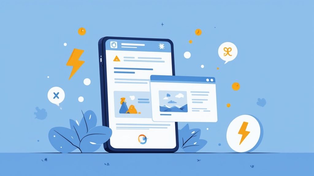 An illustration of a smartphone displaying a product page and a web browser window with various UI elements.