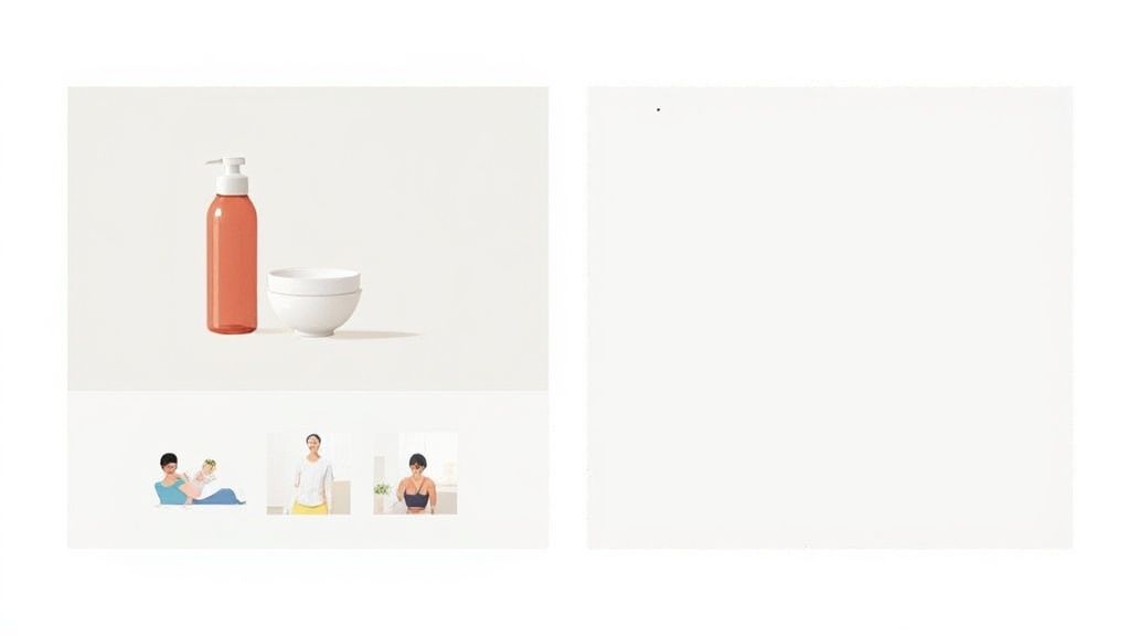 A minimalist layout showing an orange pump bottle, white bowls, and diverse women illustrations.