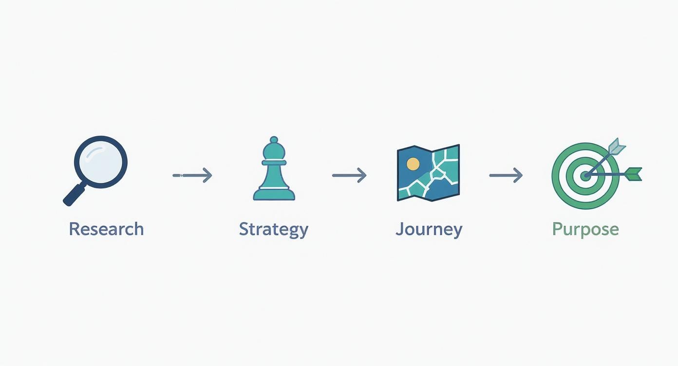A sequential process diagram showing steps: Research, Strategy, Journey, and Purpose, each with an icon.