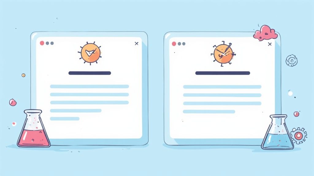 Two browser windows comparing successful and failed outcomes, with beakers of pink and blue liquid.