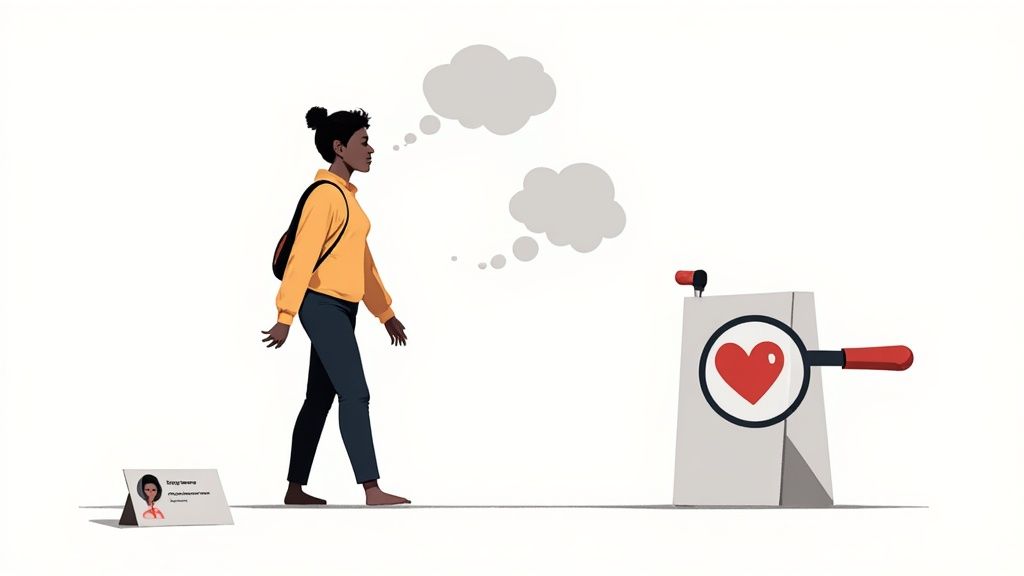 An illustration of a woman contemplating while walking towards a magnified red heart symbol.