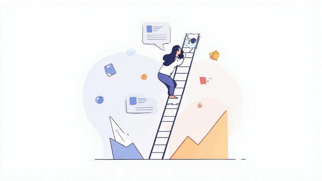 A woman climbs a ladder amidst floating data icons and a rising graph, representing progress.