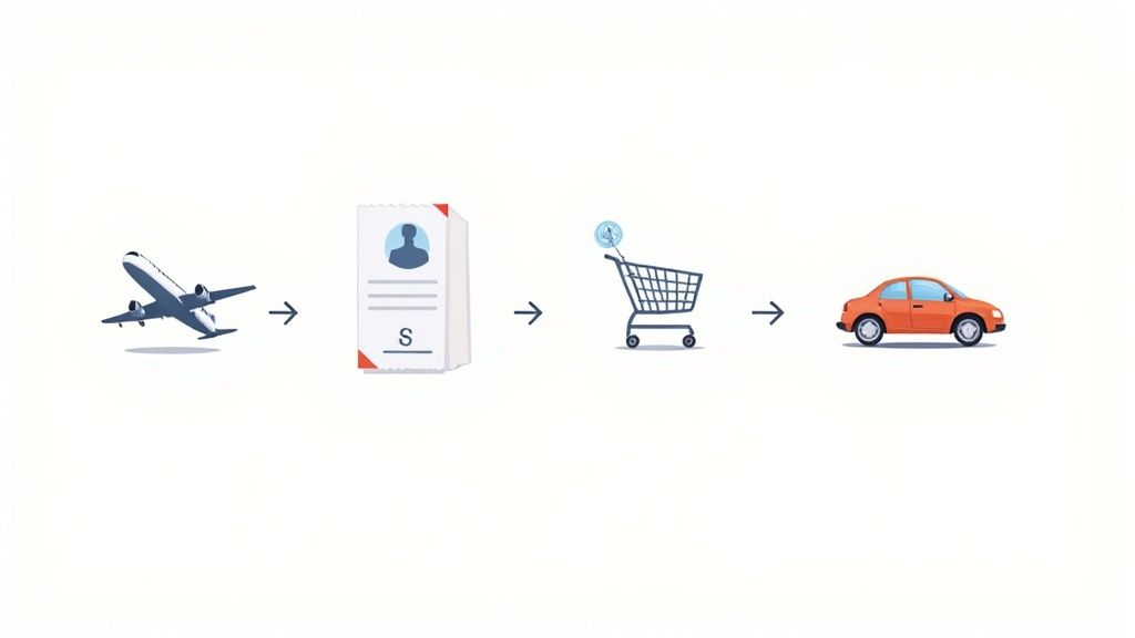 A sequence of icons: an airplane, financial records, a shopping cart, and a car, depicting a transactional process.