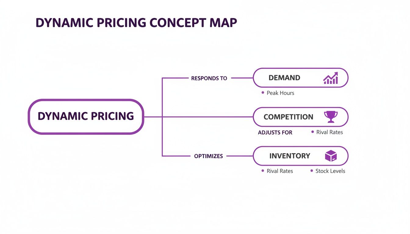 A concept map illustrating dynamic pricing, its response to demand, adjustment for competition, and optimization of inventory.