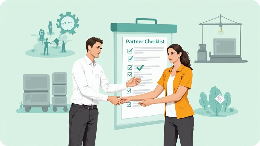 Two business partners shake hands in front of a 'Partner Checklist' board, symbolizing collaboration.
