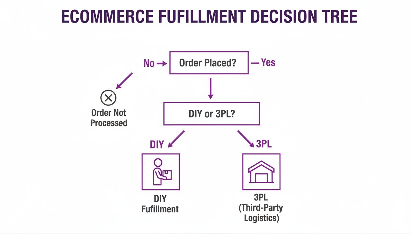 An ecommerce fulfillment decision tree flowchart showing options for order processing, DIY, or 3PL fulfillment.