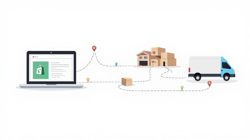 E-commerce workflow from online shopping on laptop, through warehouse storage, to delivery by van.