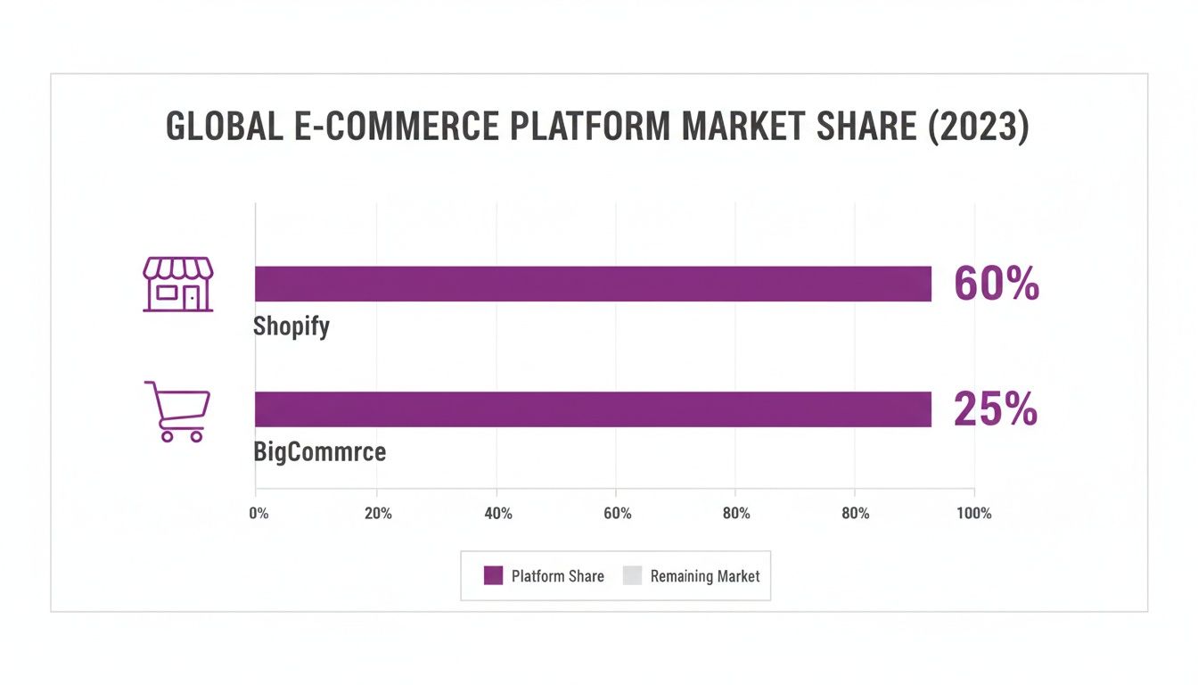 Bar chart showing global e-commerce platform market share in 2023: Shopify 60%, BigCommerce 25%.