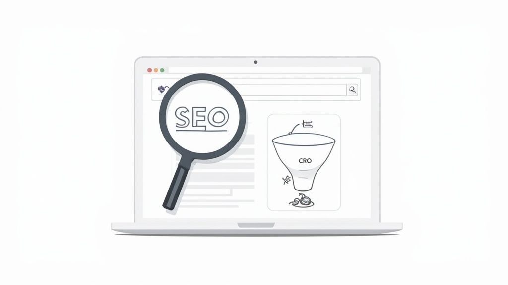 Illustration of a laptop screen displaying a magnifying glass over 'SEO' text and a CRO marketing funnel.