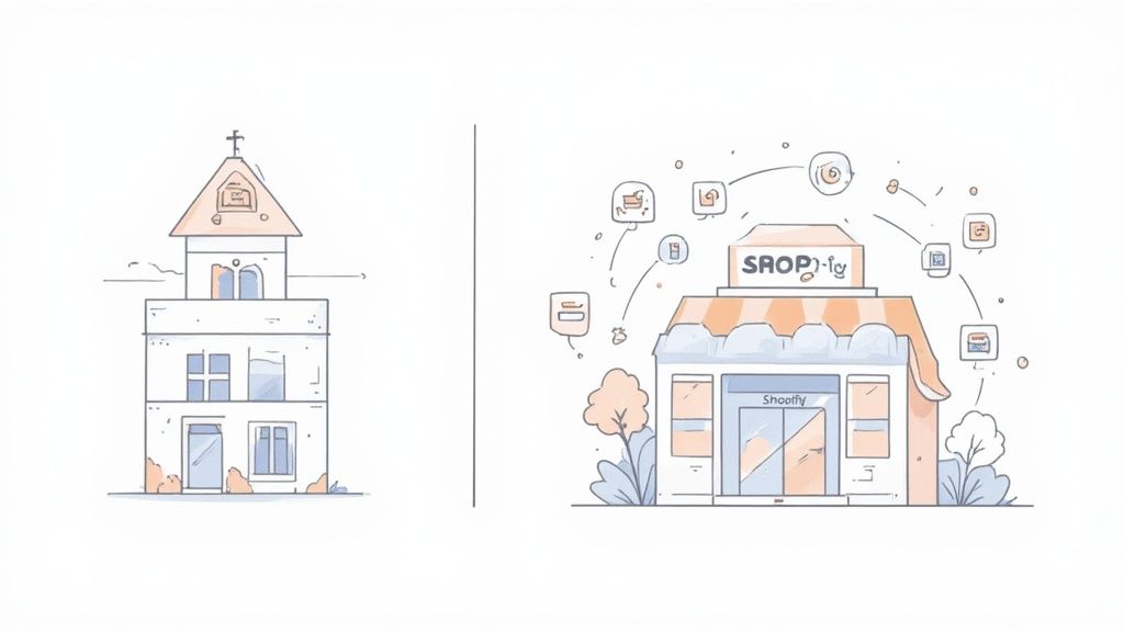 Illustration contrasting a traditional building with a modern e-commerce storefront surrounded by digital icons.