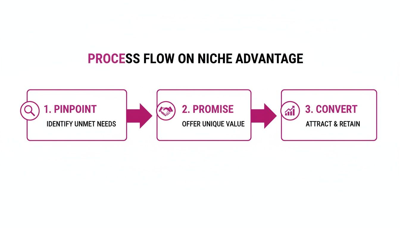 Process flow diagram illustrating three steps for niche advantage: pinpoint, promise, and convert.
