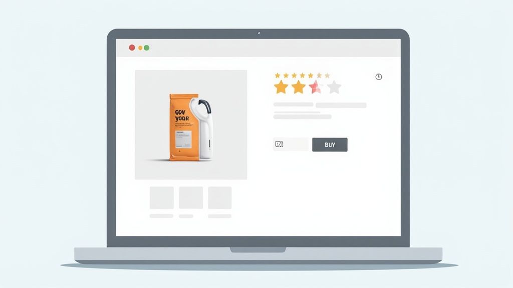 A laptop screen displaying an e-commerce product page featuring an orange pouch and white earbuds, with star ratings.