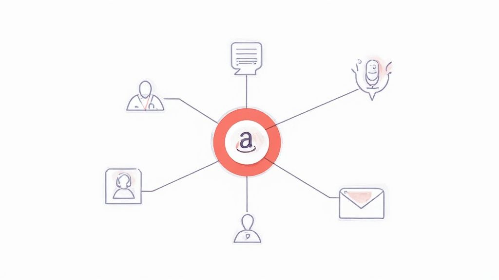 Amazon's central 'a' logo connects to various icons representing communication, healthcare, and customer service.