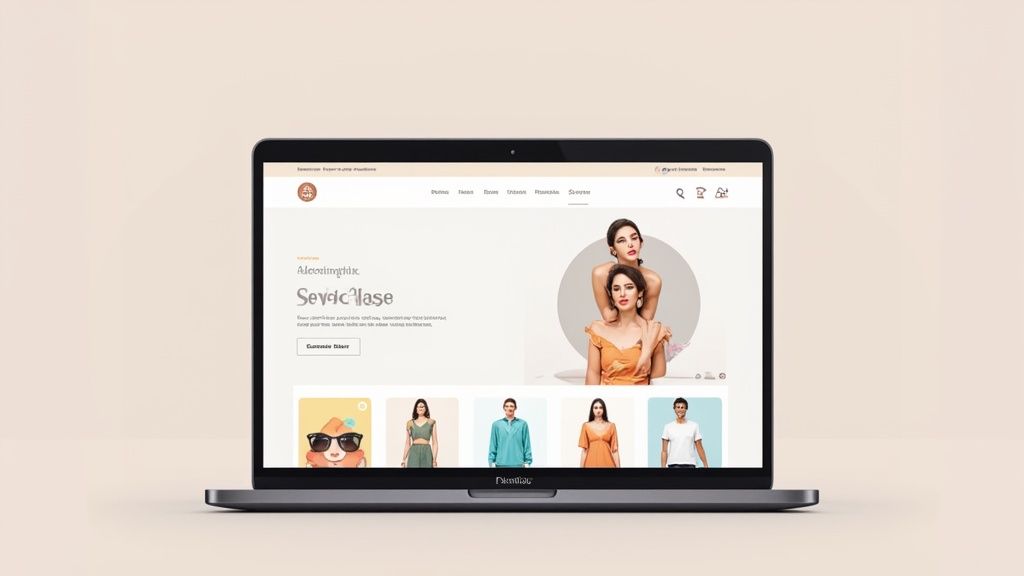 Laptop showing a clean fashion e-commerce website with product displays and models on a light background.