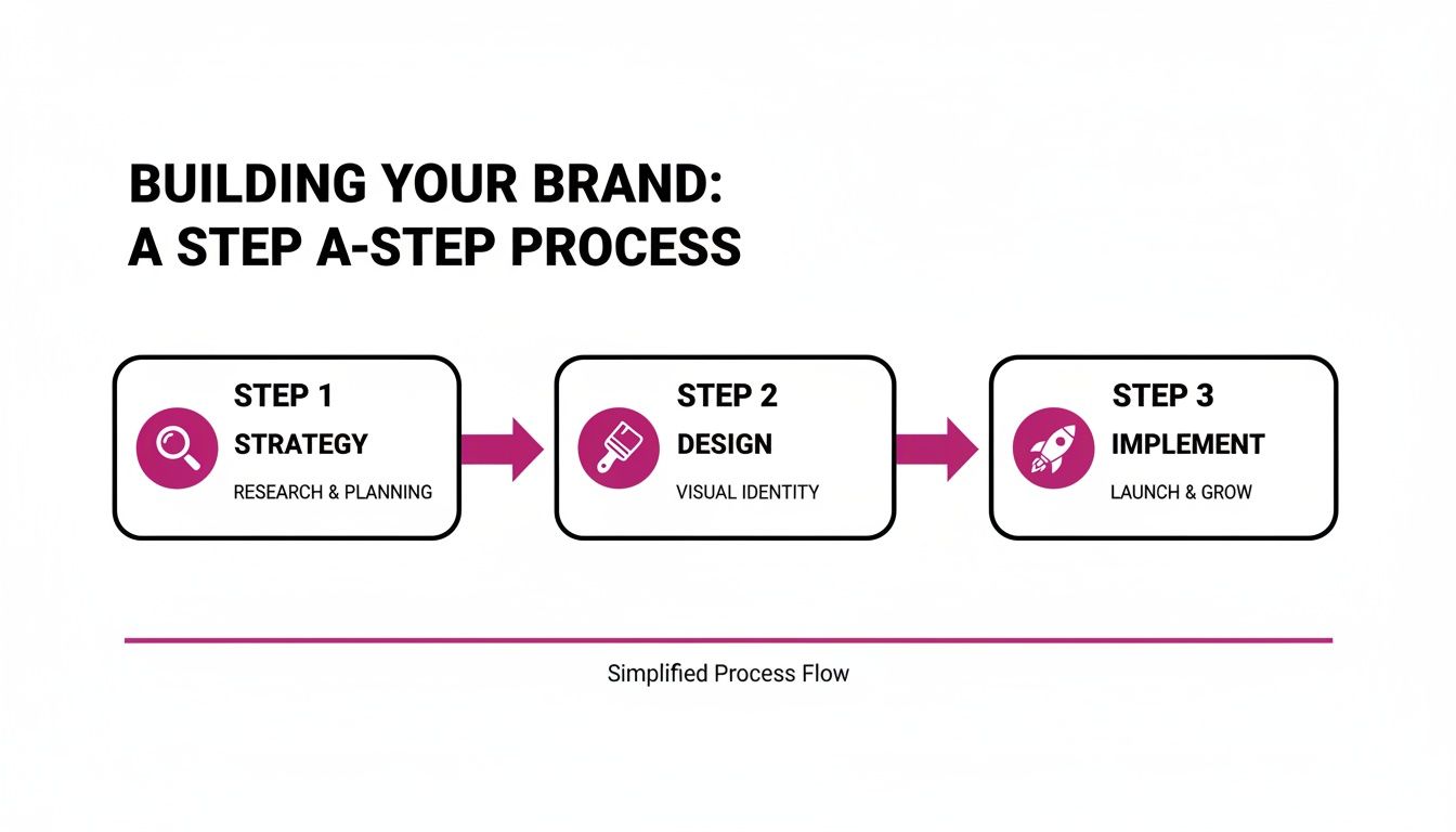 Infographic illustrating a three-step brand building process: strategy, design, and implementation, with icons.
