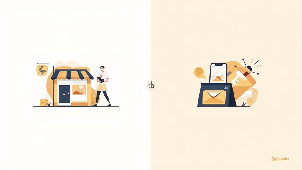 A split illustration showing a physical store with an employee and digital branding with a smartphone and mail.