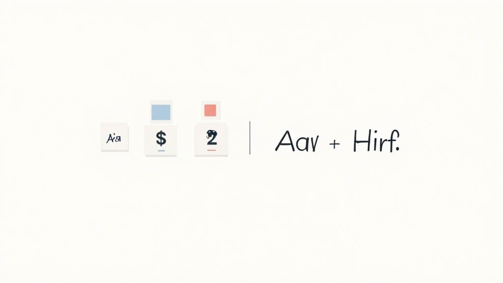 A design concept featuring typography icons, a dollar sign, and a paintbrush, next to the text 'Aav + Hirf'.