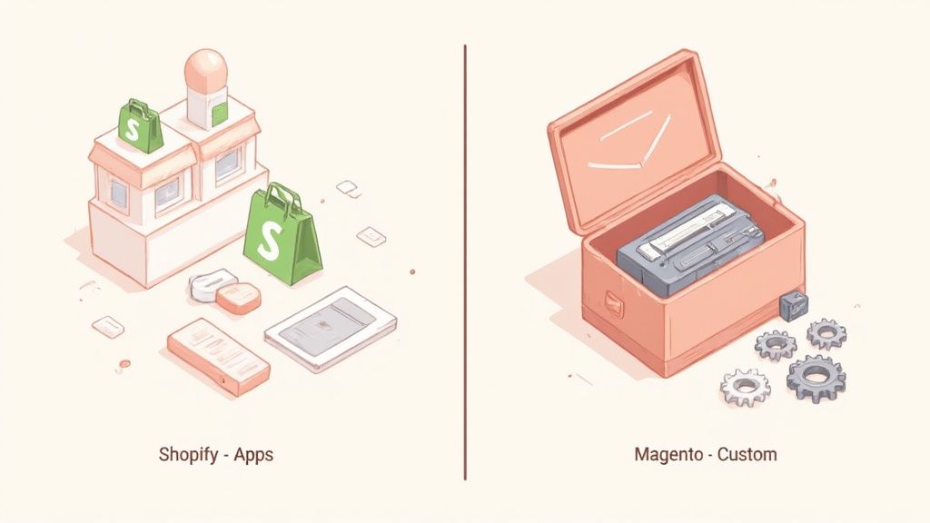 Illustration comparing Shopify (apps, storefront) with Magento (custom tools, gears) for e-commerce platforms.