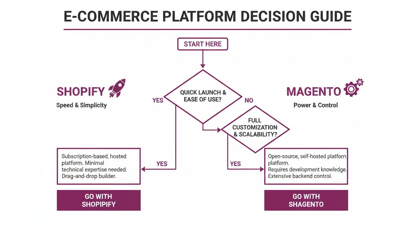 A flowchart comparing Shopify and Magento e-commerce platforms based on launch speed and customization.