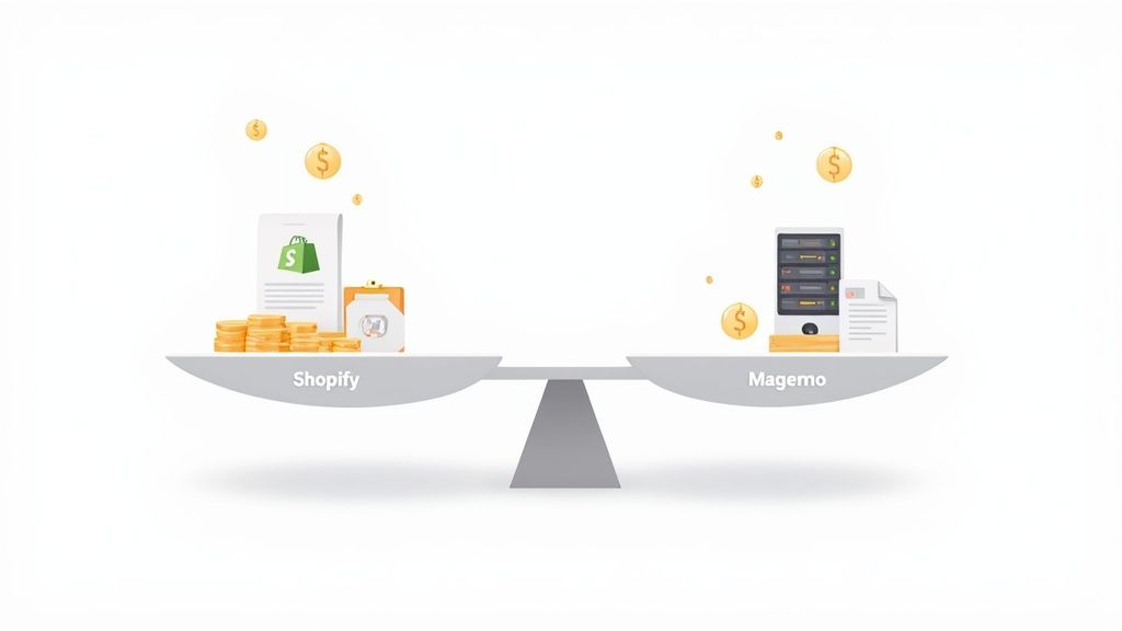 A balance scale illustrating a comparison between Shopify and Magento e-commerce platforms with associated costs.