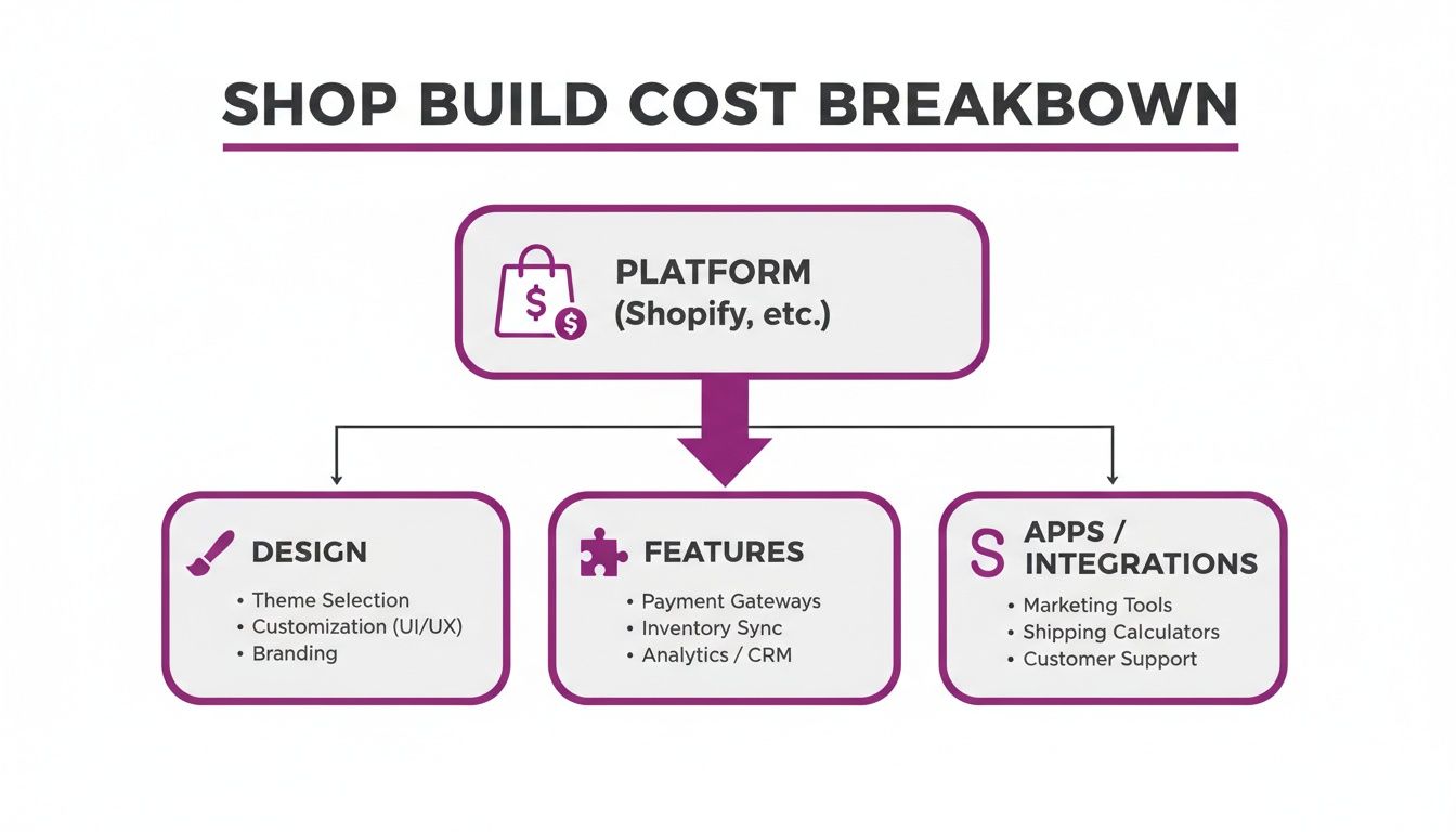 Flowchart illustrating the cost breakdown for building an online shop, detailing platform, design, features, and integrations.