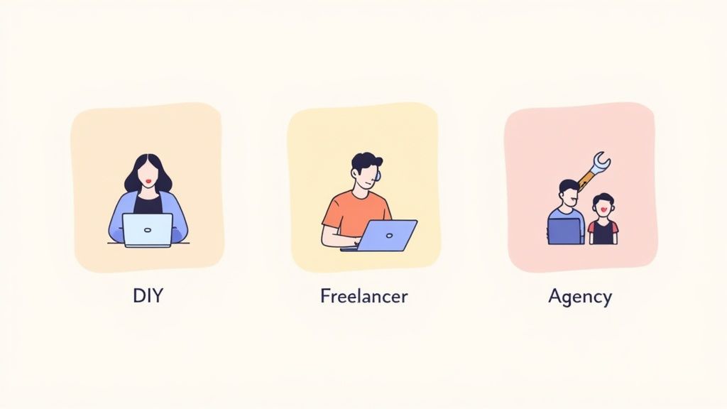 Three illustrated panels presenting service options: DIY, Freelancer, and Agency, each with a representative character.