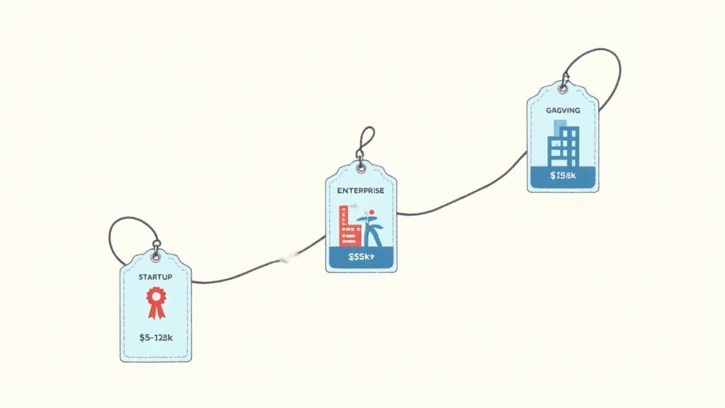 Three price tags displaying costs for Startup ($5-128k), Enterprise ($$$K+), and GAGVING ($15.6k).