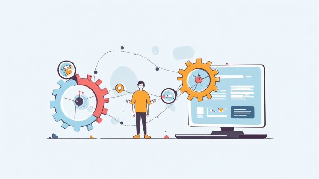 Illustration of a person optimizing a workflow involving interconnected gears and a computer interface.