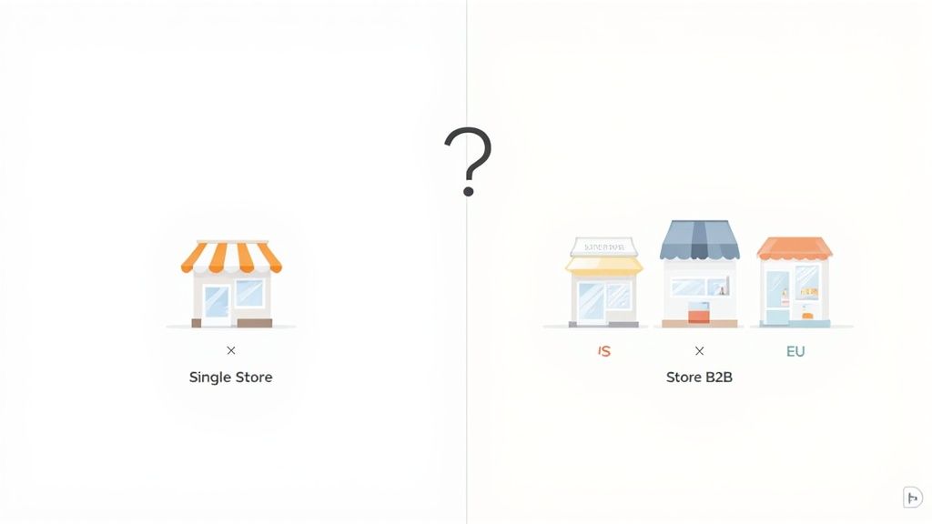 Diagram illustrating a single store versus a multi-store setup with IS, B2B, and EU outlets.