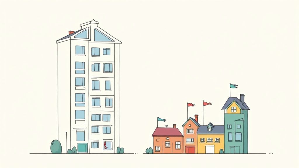 An illustration showing a tall white apartment building next to a row of colorful smaller houses.