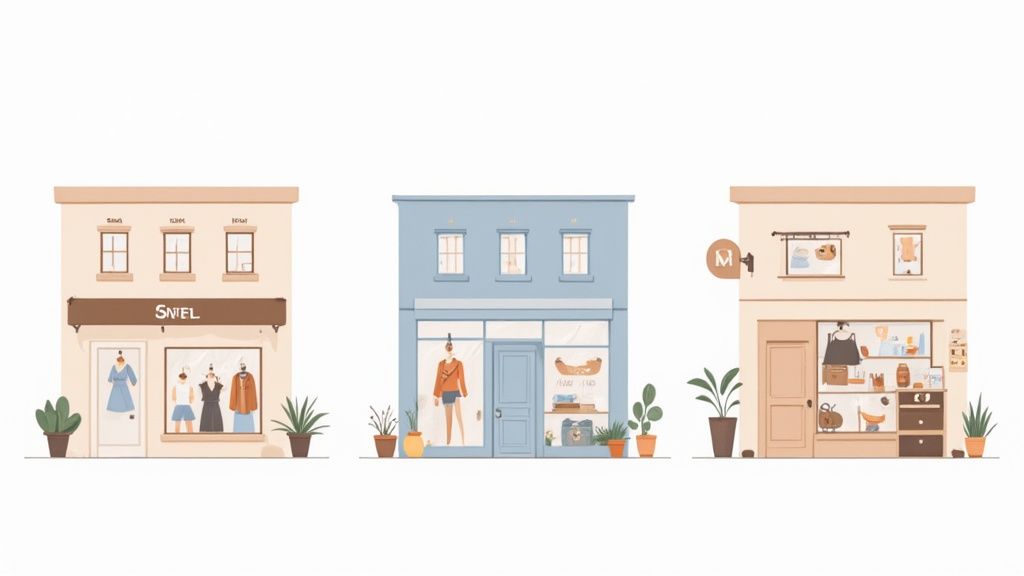 Three charming, illustrated storefronts for boutiques or small shops, each with unique displays and potted plants.