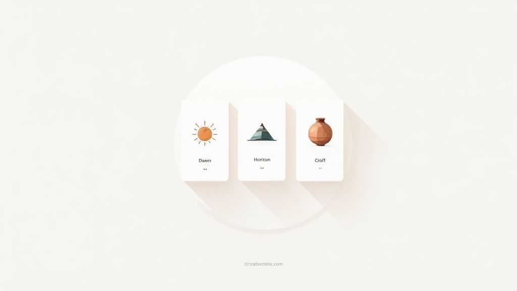 Three minimalist cards with icons: a sun for Dawn, a mountain for Horizon, and a pot for Croft.