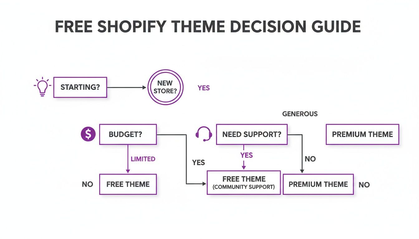 A flowchart guiding users to decide between free and premium Shopify themes based on various factors.