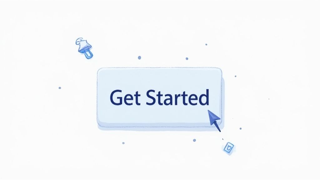 A light blue 'Get Started' button with a mouse cursor pointing at it, implying user interaction.