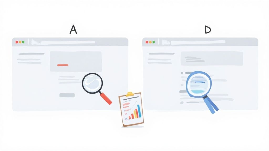 Two browser windows (A and D) being analyzed with magnifying glasses, showing web design comparison and data.