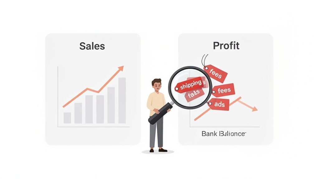 Increasing sales but falling profit. A magnifying glass highlights shipping, fees, and ad costs eroding bank balance.