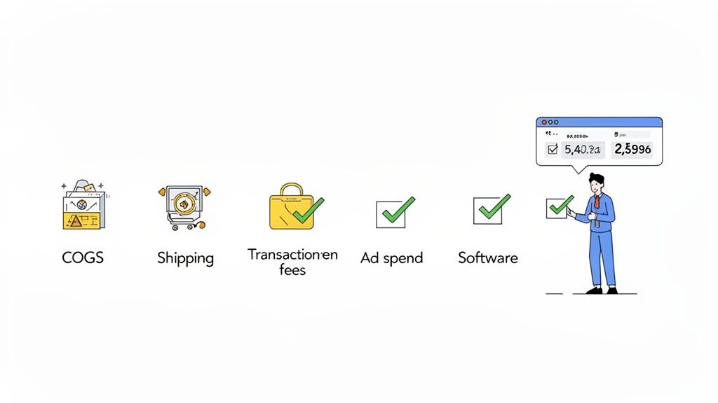 An illustration detailing e-commerce expenses such as COGS, shipping, and software leading to a profit calculation display.