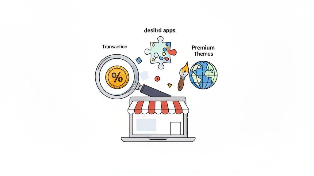 Illustration of a laptop storefront with elements like transactions, desired apps, premium themes, and global reach.