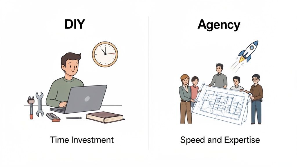 Illustration comparing DIY (time investment) with Agency (speed and expertise) for project development.