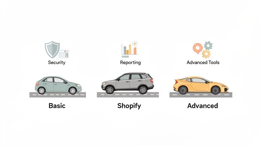 Illustration comparing basic, Shopify, and advanced e-commerce store features with corresponding car types and icons.