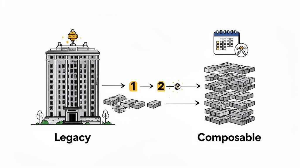 Diagram illustrating a 'Legacy' monolithic building transforming into flexible, 'Composable' modular blocks.