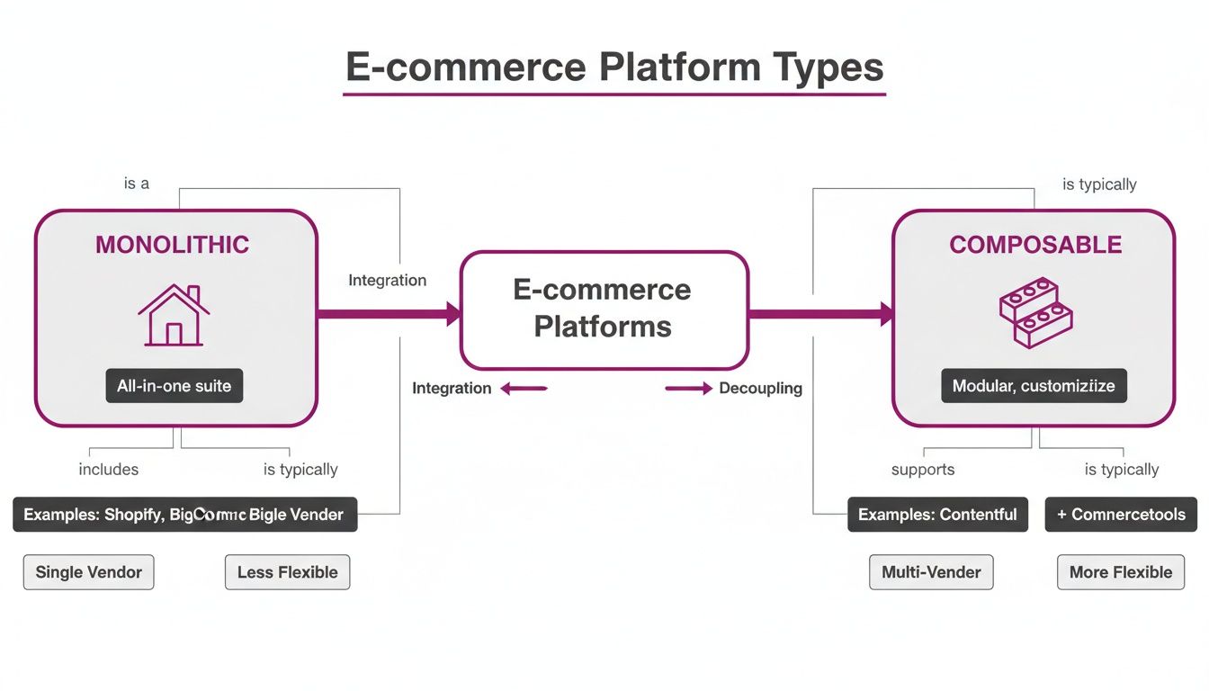 Diagram illustrating monolithic and composable e-commerce platform types, comparing features and examples.
