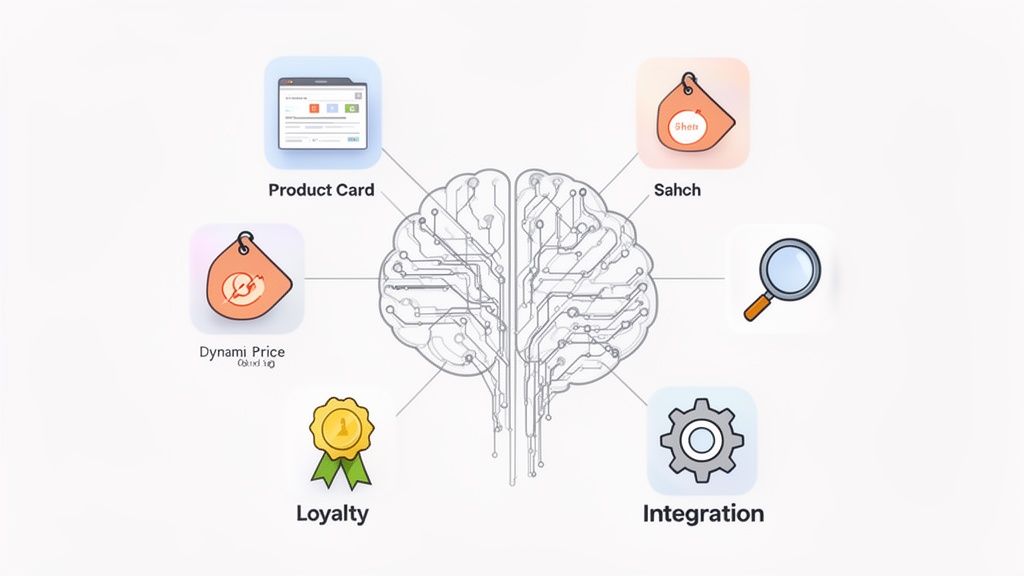 AI brain diagram connecting digital service modules: product card, Dynami Price, Sahch, loyalty, and integration.