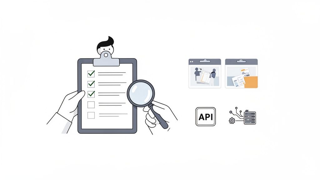 An illustration showing hands reviewing a checklist with a magnifying glass, alongside digital documents, an API icon, and a server.
