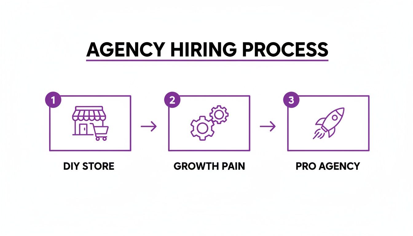 An infographic showing the agency hiring process in three steps: DIY Store, Growth Pain, and Pro Agency.