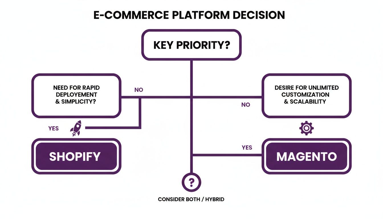 E-commerce platform decision flowchart for Shopify and Magento based on deployment and customization needs.