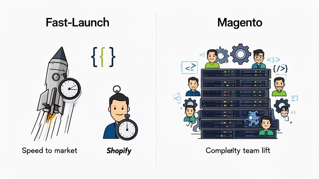 Illustration comparing Shopify for fast launch and speed to market, versus Magento for complexity and team lift.