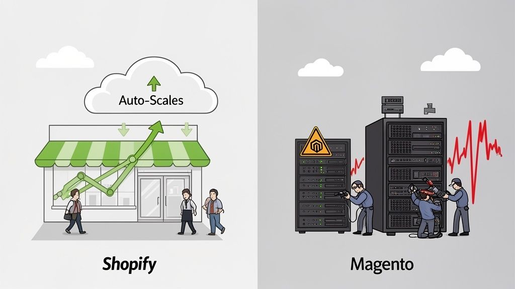 An illustration comparing Shopify's auto-scaling growth to Magento's complex server maintenance and issues.
